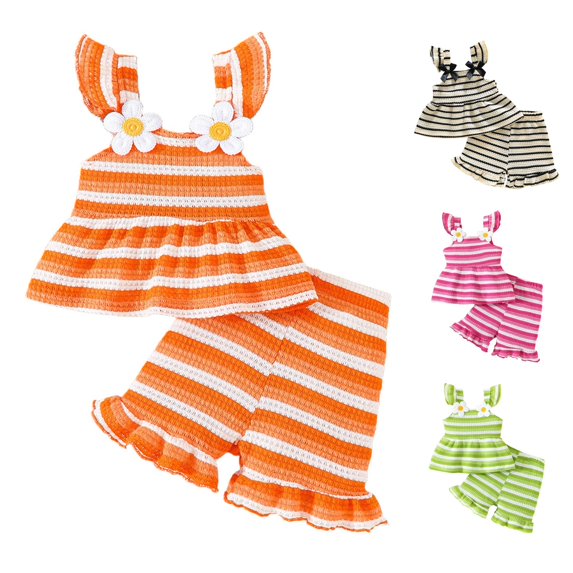ZXLBBD Girls Toddler Baby Kids Striped Print Camisole Top and Lace Shorts Cute Daily Outfit Casual 2 Piece Summer Fall Clothing Sets,Orange,Size 6 M-9 M