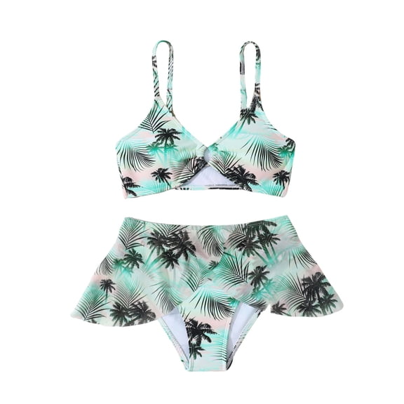 ZXLBBD Girls Two Piece Swimsuit Tropical Print Spaghetti Strap Mesh Skirt Two Piece Bathing Suit Quick Drying for Little Big Kids Beach Swimwear Size 9 Y-10 Y