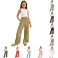 thumbnail image 1 of ZXLBBD Girls Wide Leg Drawstring Elastic Waist Split Hem Loose Solid Color Trousers with Pockets Beach Vacation Fashion Causal Daily Wear,Khaki,Size 15 Y-16 Y, 1 of 7