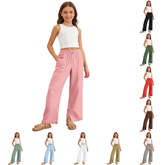ZXLBBD Girls Wide Leg Drawstring Elastic Waist Split Hem Loose Solid Color Trousers with Pockets Beach Vacation Fashion Causal Daily Wear,Pink,Size 14 Y-15 Y