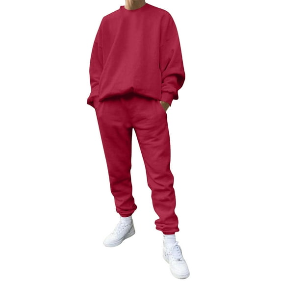 ZXLBBD Male Solid Color Two Piece Suit O Neck Off Shoulder Sweatshirts Drawstring Pocket Pants Set Casual Outdoor Loose Fit Daily Wear