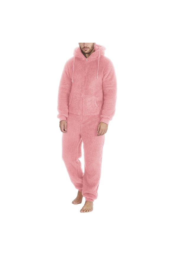 Men Artificial Wool Long Sleeve Pajamas Solid Color Zipper Hooded Jumpsuit Pajamas Fall Winter Warm Romper One Piece Sleepwear