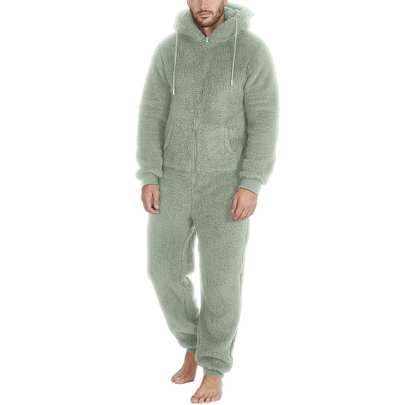 ZXLBBD Men Artificial Wool Long Sleeve Pajamas Solid Color Zipper Hooded Jumpsuit Pajamas Fall Winter Warm Romper One Piece Sleepwear
