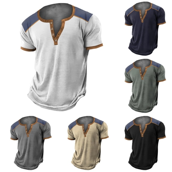 ZXLBBD Men T Shirts Patchwork Color Retro 4 Button Open Placket Short Sleeved Vintage Shirt Comfort Loose Fashion Clothes Casual Outdoor Tshirts,White,2XL