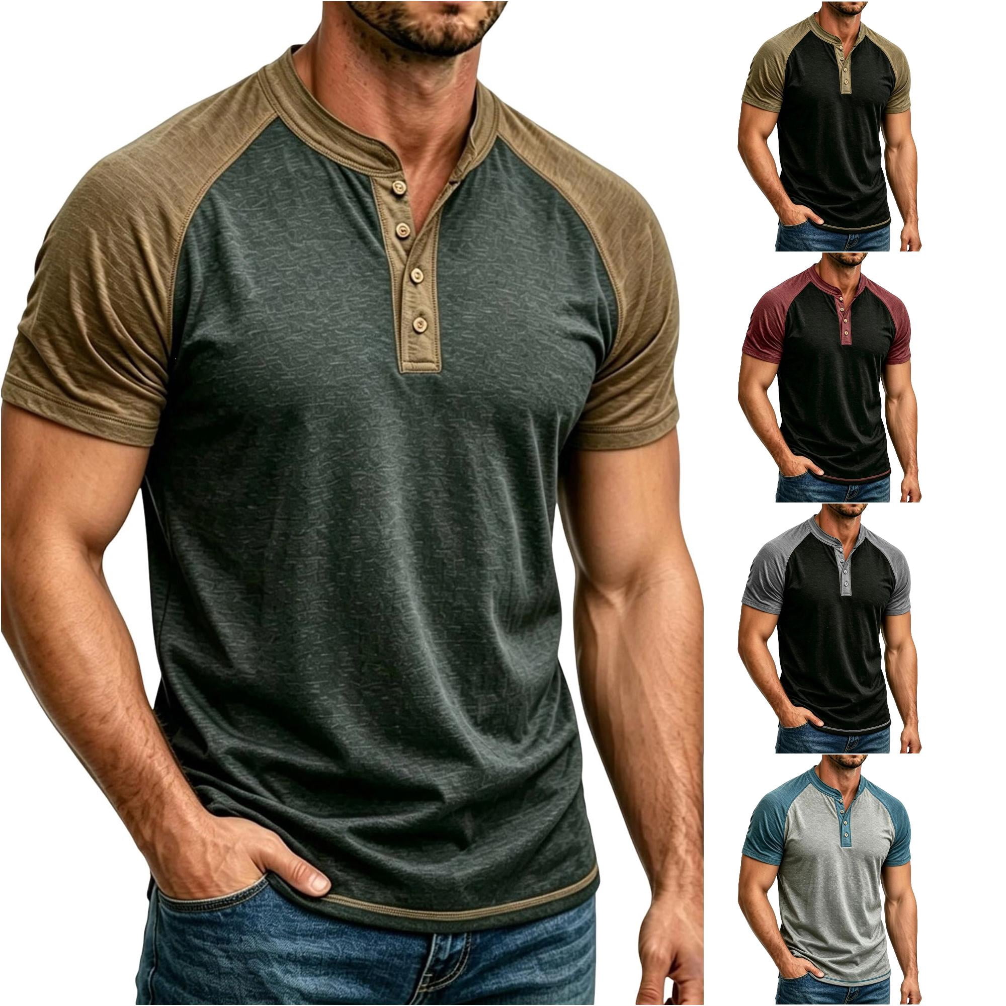 ZXLBBD Men T Shirts Patchwork Color Short Sleeve Button Down