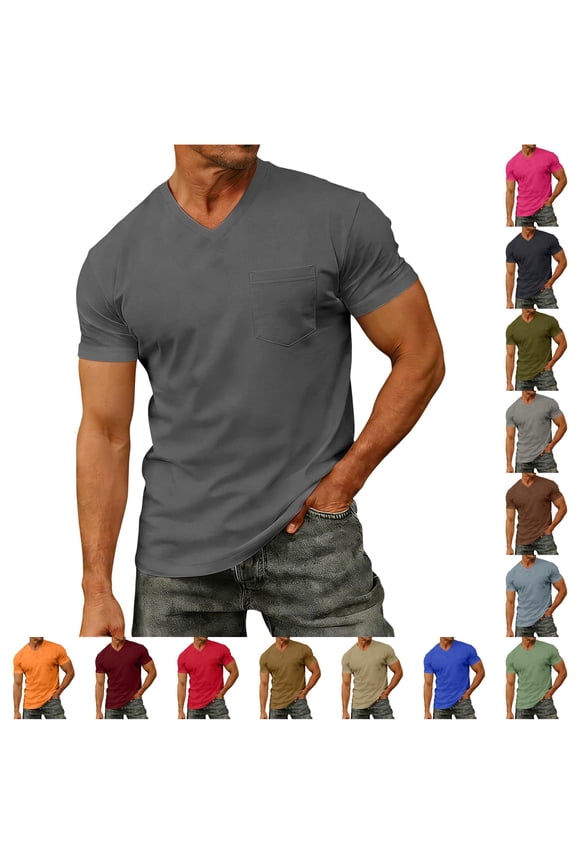 Men T Shirts Short Sleeve V Neck Solid Color Comfortable Fit Basic Tee with Front Pocket for Beach Vacation Versatile Casual Outdoor T-Shirt,Dark Gray,4XL