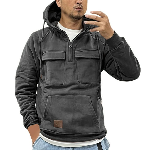 ZXLBBD Men's Fall Winter Hooded Youth Hoodie Men's Tooling Solid Color Hoodie Coat Casual Outdoor Comfort Daily Wear
