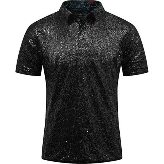 ZXLBBD Men's Short Sleeve Turndown Sparkles Sequins Polo Shirts Disco Nightclub Party T Shirts Casual Outdoor Loose Fit Daily Wear