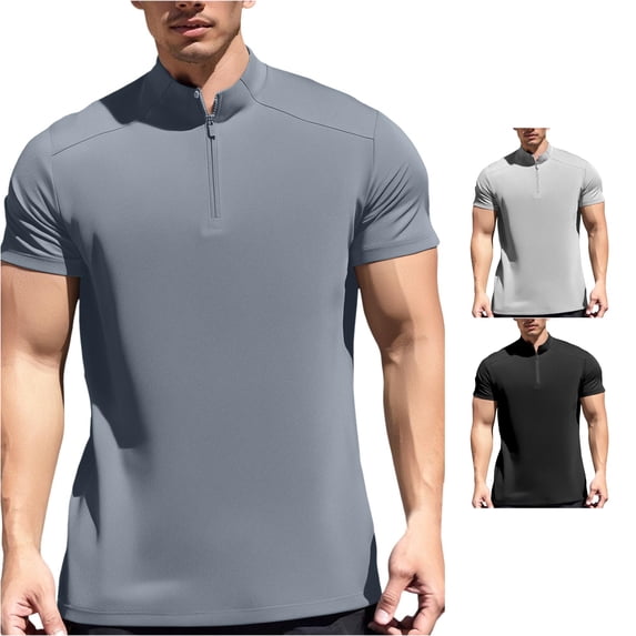 ZXLBBD Men's T-Shirts Half Zip High Elasticity Workout Shirts Short Sleeve Running Gym Solid Color Stretchy T Shirts for Man Outdoor,Gray,4XL