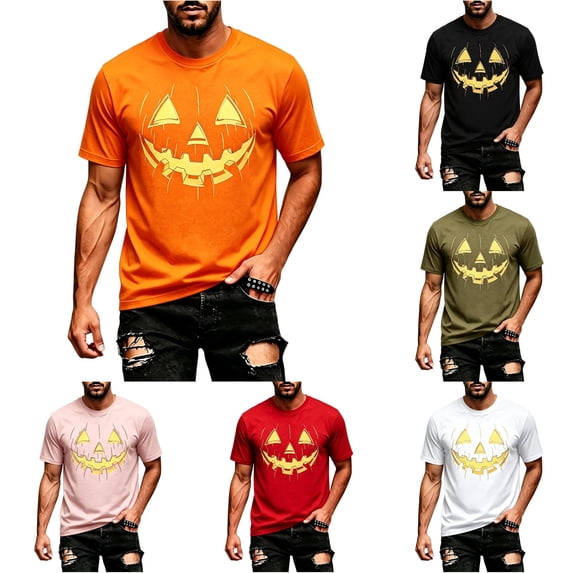ZXLBBD Men's T-Shirts Halloween Pumpkin Theme Printed Short Sleeve Graphic Tee Crew Neck Loose Soft Party T Shirts for Man Dailywear,Orange,XL