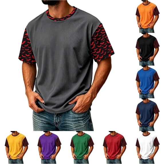 ZXLBBD Men's T-Shirts Halloween Ribbed Pumpkin Graphic Tee Short Sleeve Crew Neck T Shirt Party Daily Versatile T-Shirts for Man Casual,Gray,5XL
