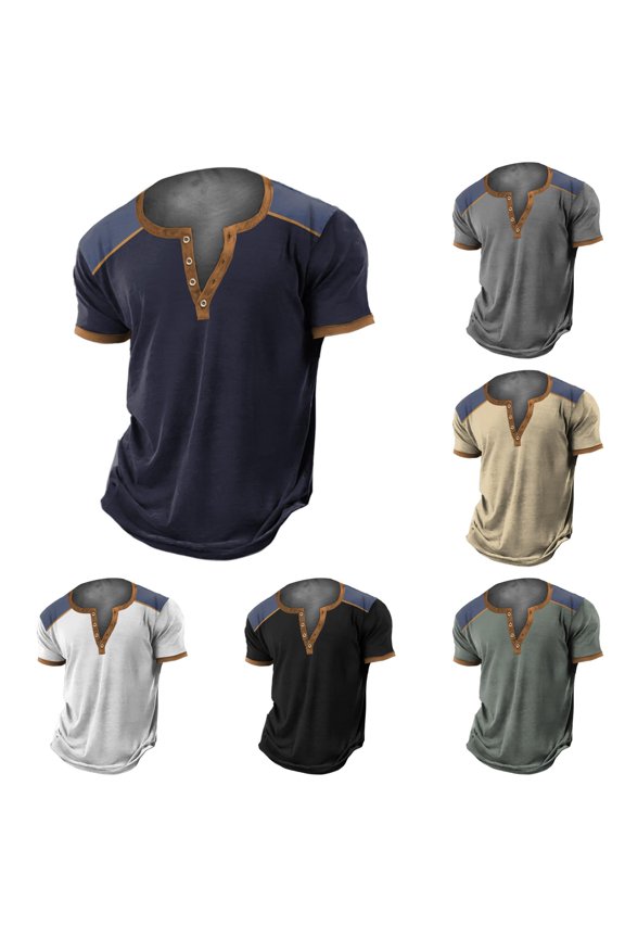 Men's T-Shirts Patchwork Color Retro 4 Button Open Placket Short Sleeved Vintage Shirt Comfort Loose Fashion Clothes Casual Summer T-Shirt,Navy,S