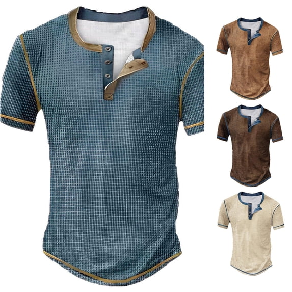 ZXLBBD Men's T-Shirts Patchwork Color Retro 4 Button Open Placket Short Sleeved Vintage Shirt Comfort Loose Fashion Clothes Summer Outdoor Tshirt,Navy,2XL