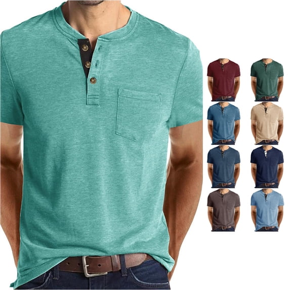 ZXLBBD Men's T-Shirts Retro Henley Button Closure T Shirt with Pocket Cotton Blend Short Sleeve Solid Color T-Shirts for Man Casual,Green,M