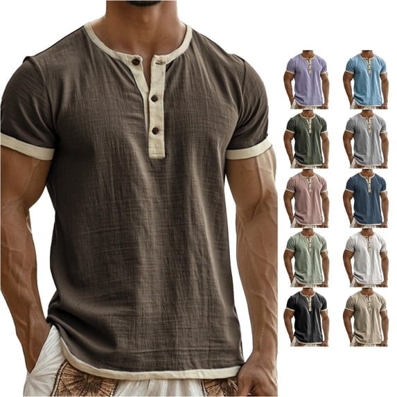 ZXLBBD Men's T-Shirts Short Sleeve Henley Shirt Linen Button Down Soft Breathable Versatile Layering Tops for Everyday Comfort Summer Outdoor Tshirt,Light Gray,S
