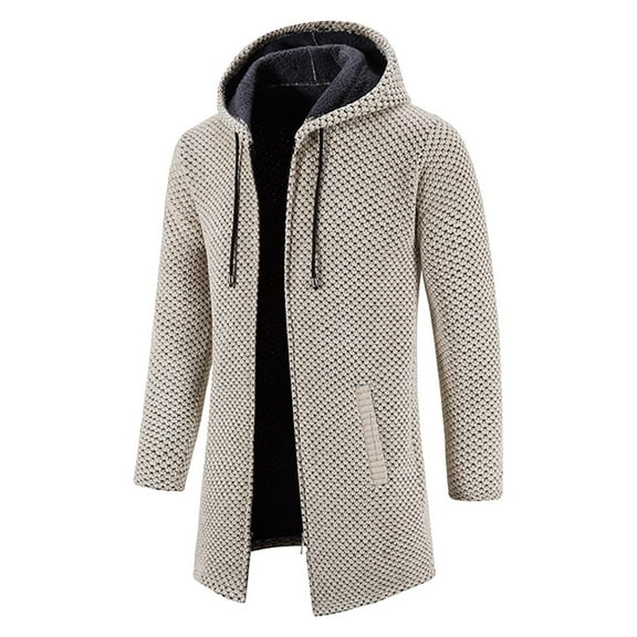 ZXLBBD Mens Fall Winter Solid Color Hooded Zipper Warm Cardigan Knitted Coat Casual Outdoor Loose Fit Daily Wear