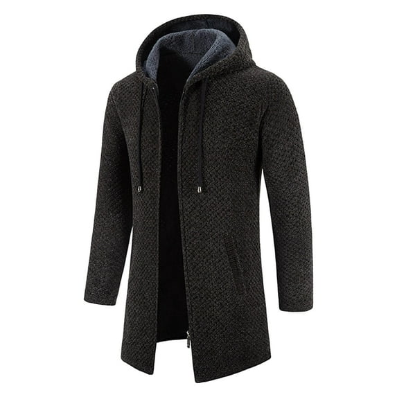 ZXLBBD Mens Fall Winter Solid Color Hooded Zipper Warm Cardigan Knitted Coat Casual Outdoor Loose Fit Daily Wear