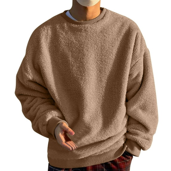 ZXLBBD Mens Fuzzy Sweatshirts O Neck Long Sleeve Sports Active Solid Color Outwear Pullover Sweatshirt Fall Winter Fashion Coat