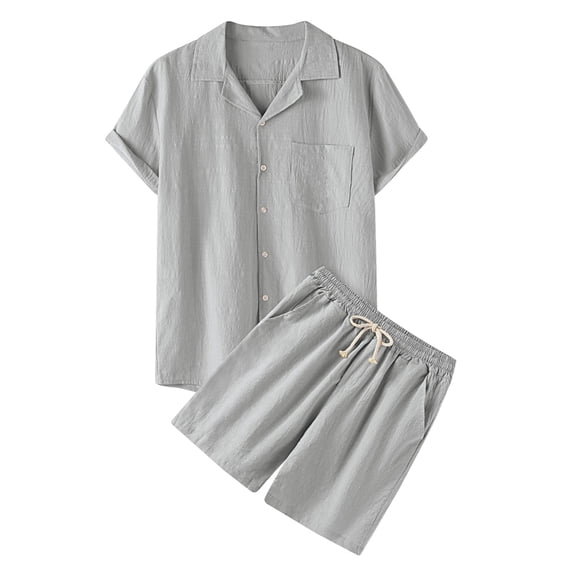 ZXLBBD Mens Outftis Spring Fall Solid Color Short Sleeve Turndown Top and Shorts Suit Suit Casual Outdoor Relaxed Fit Daily Wear