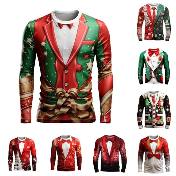 ZXLBBD Mens T-Shirts Christmas Digital 3D Printed Long Sleeve Crew Neck T Shirt Fall Winter Fashion T-Shirts for Man Dailywear,Green,L