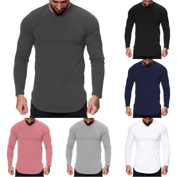 ZXLBBD Mens T-Shirts Fitness Curved Hem Long Sleeve Workout Shirts Solid Color Slim Fit Sports Athletic T Shirts for Man Outdoor,Gray,XL