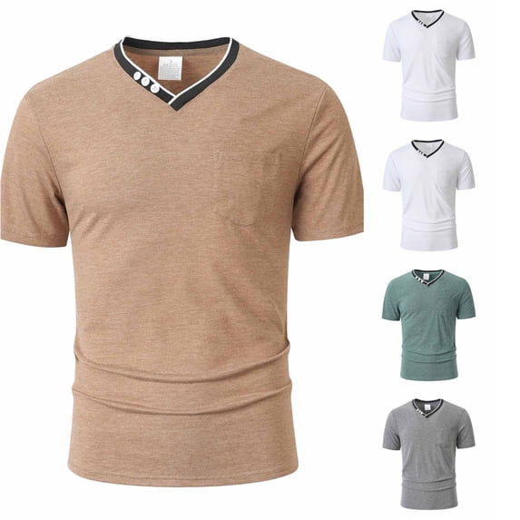ZXLBBD Mens T Shirts Henley V Neck Short Sleeve Workout Shirts Solid Color Slim Fit Lightweight Athletic T-Shirts for Man Outdoor,Brown,M