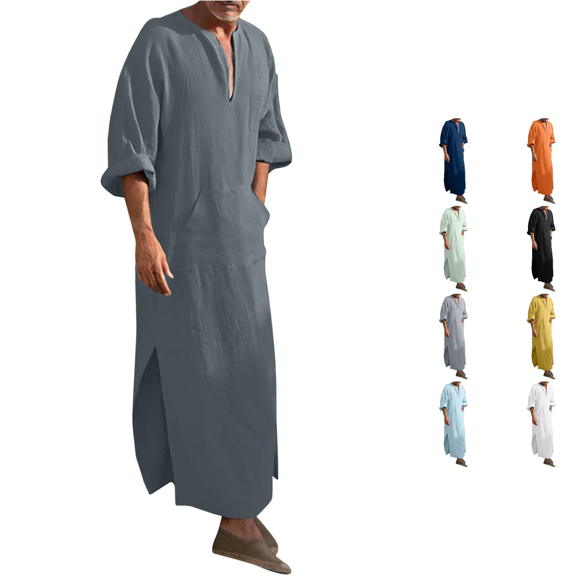 ZXLBBD Mens T Shirts Linen Robe V Neck Short Sleeve Solid Color