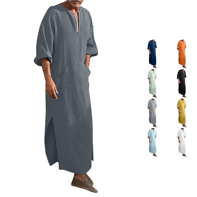 ZXLBBD Mens T Shirts Linen Robe V Neck Short Sleeve Solid Color