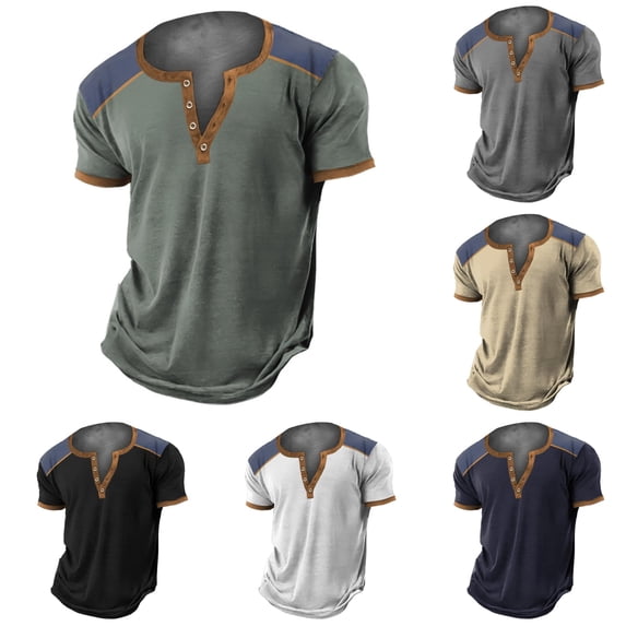 ZXLBBD Mens T-Shirts Patchwork Color Retro 4 Button Open Placket Short Sleeved Vintage Shirt Comfort Loose Fashion Clothes Casual Outdoor Tshirt,Army Green,XL