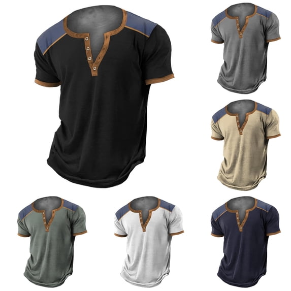 ZXLBBD Mens T-Shirts Patchwork Color Retro 4 Button Open Placket Short Sleeved Vintage Shirt Comfort Loose Fashion Clothes Casual Summer Tshirt,Black,XL