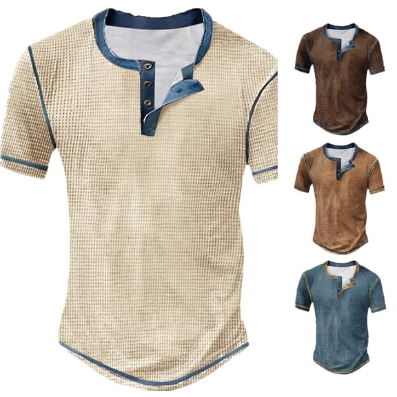 ZXLBBD Mens T Shirts Patchwork Color Retro 4 Button Open Placket Short Sleeved Vintage Shirt Comfort Loose Fashion Clothes Summer Outdoor T-Shirt,Grey,M