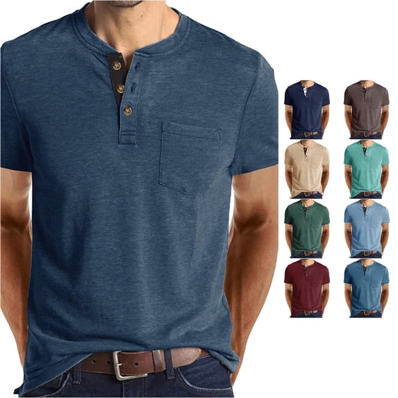ZXLBBD Mens T Shirts Retro Henley Button Closure T Shirt with Pocket Cotton Blend Short Sleeve Solid Color T-Shirts for Man Casual,Blue,2XL