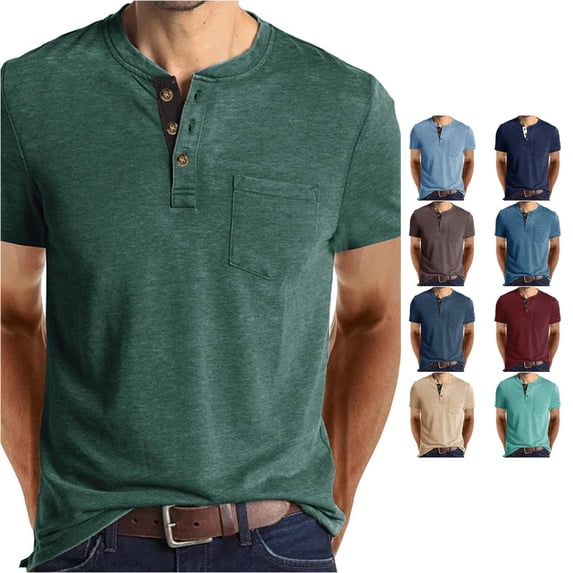 ZXLBBD Mens T Shirts Retro Henley Button Closure T Shirt with Pocket Cotton Blend Short Sleeve Solid Color T Shirts for Man Outdoor,Green,M