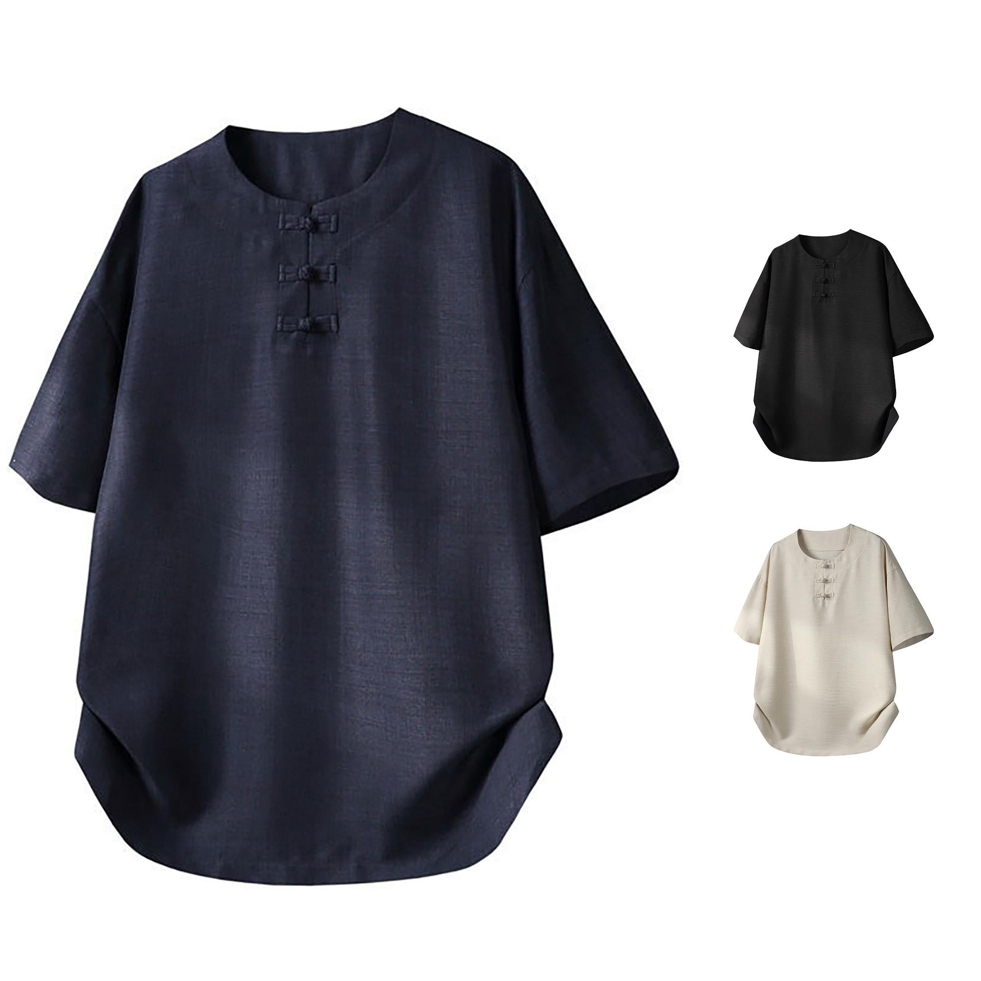 ZXLBBD T Shirts for Man Retro Short Sleeve Texture Knot Button
