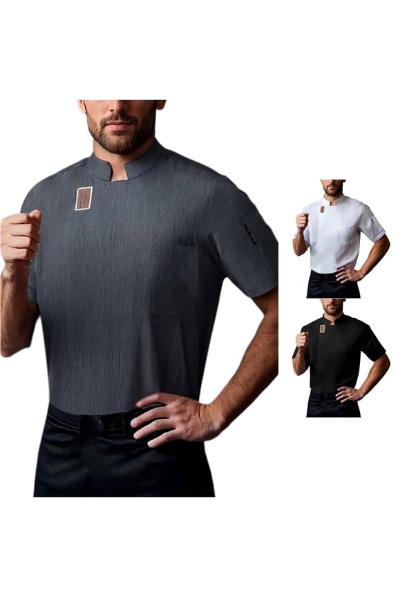 Mens T-Shirts Short Sleeve Chef Jacket Solid Color Stand Collar Breathable Kitchen Uniform with Pocket for Work Summer Outdoor Tshirt,Grey,2XL