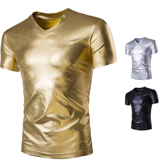 ZXLBBD Mens T-Shirts V‑Neck Short Sleeve Crew Neck T‑Shirt Shiny Slim Fit Performance Party Solid Color T-Shirts for Man Outdoor,Gold,L