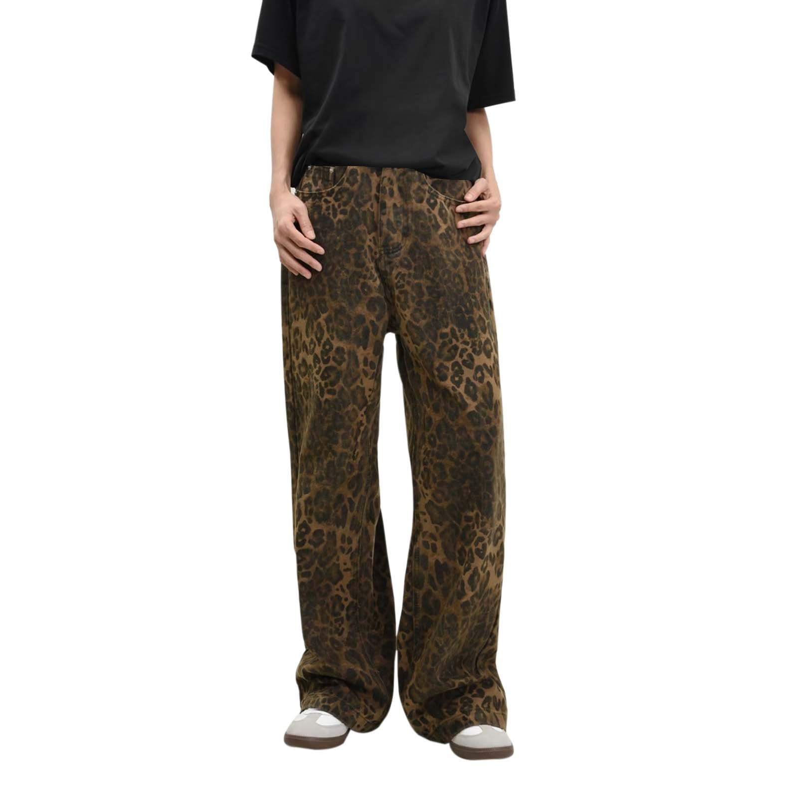 パンツ LEOPARD PRINT WIDE STRAIGHT PANTS ZXLBBD Retro Leopard Print Straight Jeans Wide Leg Pants for Fall