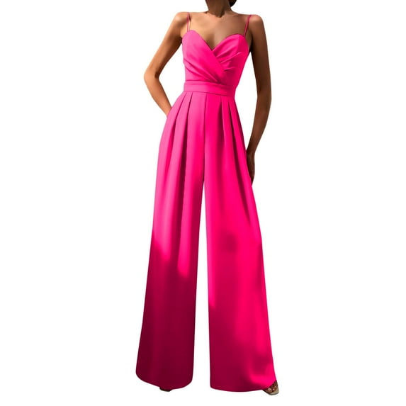 ZXLBBD Summer Elegant Suspenders V Neck Playsuits Women Fashion Sleeveless Backless Temperament Jumpsuit Wide Leg Trousers Romper