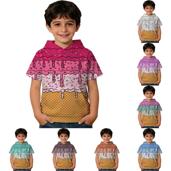 ZXLBBD Sweatshirts for Boys Toddler Kids Short Sleeve Graphic Hooded Sweatshirt Lightweight Pullover Top with Pocket Fall Casual Outdoor,Hot Pink,Size 4 Y-5 Y