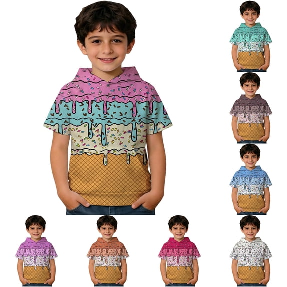 ZXLBBD Sweatshirts for Boys Toddler Kids Short Sleeve Graphic Hooded Sweatshirt Lightweight Pullover Top with Pocket Fall Casual Outdoor,Pink,Size 7 Y-8 Y