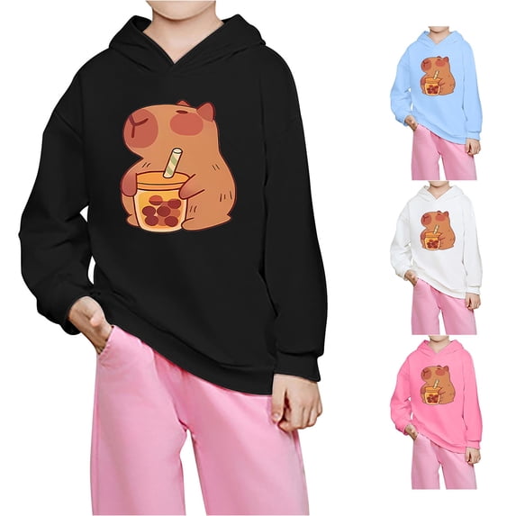 ZXLBBD Sweatshirts for Girls Long Sleeve Hooded Sweatshirts with Cute Cartoon Print Pullover Top Lightweight Loose Fit Daily Wear Casual Outdoor,Black,Size 18 M-24 M