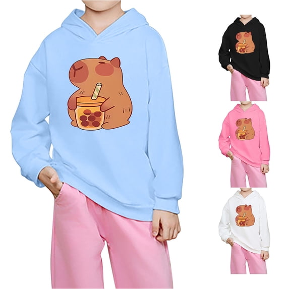ZXLBBD Sweatshirts for Girls Long Sleeve Hooded Sweatshirts with Cute Cartoon Print Pullover Top Lightweight Loose Fit Daily Wear Casual Vacation,Blue,Size 4 Y-5 Y
