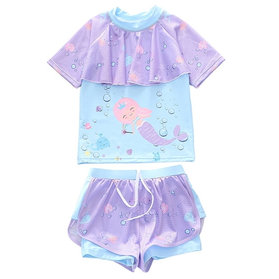 ZXLBBD Swimsuit for Girls 2 Piece Cute Ruffles Short Sleeve Sporty Rash Guard for Kids Youth Swim Suits Lightweight Vacation Outfit
