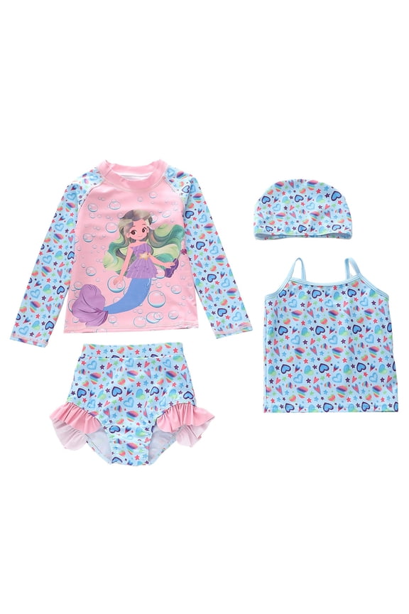 Swimsuit for Girls Cartoon Printed Long Sleeved Sun Protective Bathing Suit 4 Piece for Kids Lightweight Vacation Outfit