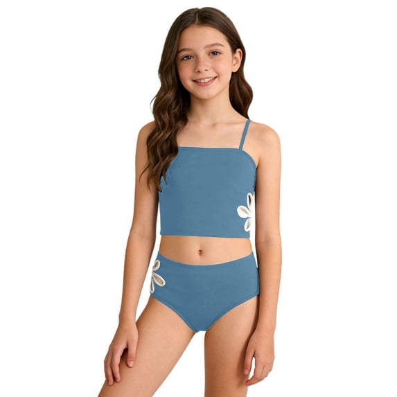 ZXLBBD Swimsuit for Girls Solid Color with Side Floral Design and Strappy Tankini Top and Brief for Kids Stretchy Holiday Surfing