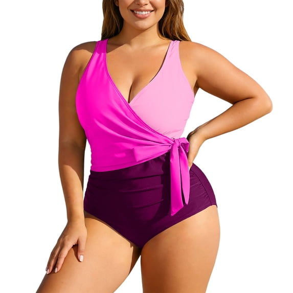 ZXLBBD Swimsuit for Women Plus Size High Waisted Adjustable Waist Color Patchwork One Piece Swimsuit Comfort Casual Holiday Beach Pool