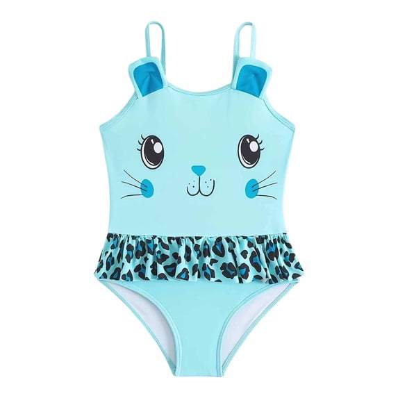 ZXLBBD Swimsuits for Girls Cat Printed Cute Ruffle One Piece Bathing Suit for Toddler Kids Rash Guard Comfort Vacation Outfit