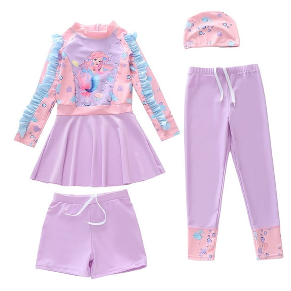 ZXLBBD Swimsuits for Girls Long Sleeve 4 Piece Cartoon Printed Rash Guard with Upf 50+ for Kids Youth Breathable Summer Beachwear