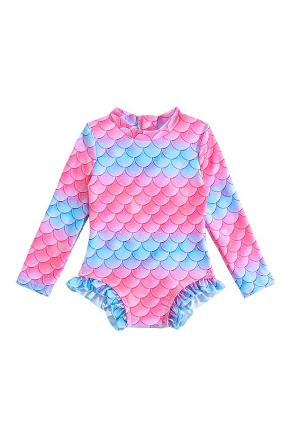 Swimsuits for Girls Sun Protection Long Sleeve Cute Scale Design One Piece Bathing Suit for Teen Comfort Summer Beachwear