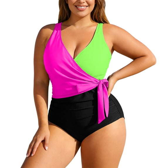 ZXLBBD Swimsuits for Women Plus Size High Waisted Adjustable Waist Color Patchwork One Piece Swimsuit Comfort Casual Vacation Beachwear